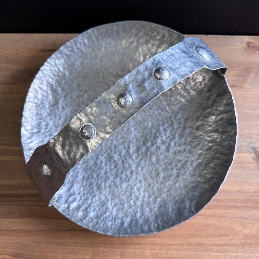 Brutalist Industrial vintage hammered ALUMINUM tray with riveted handle LIGHT